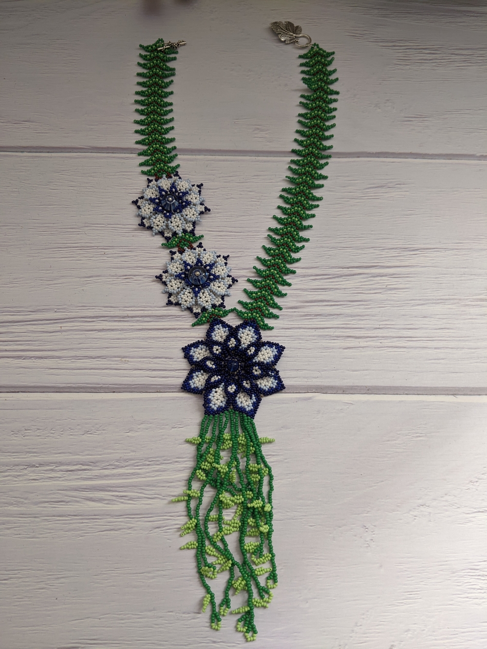 Green and Blue Floral Beaded Statement Necklace